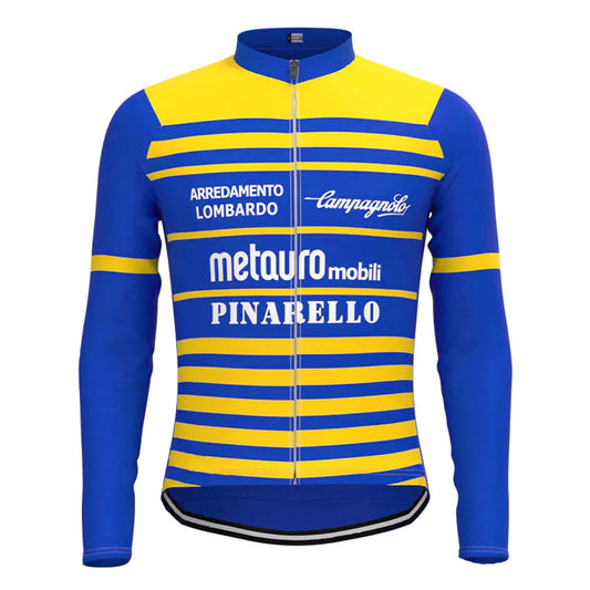 Metquro Mobili Pinarello Blauw Geel Vintage Lange Mouw Fietsshirt Top