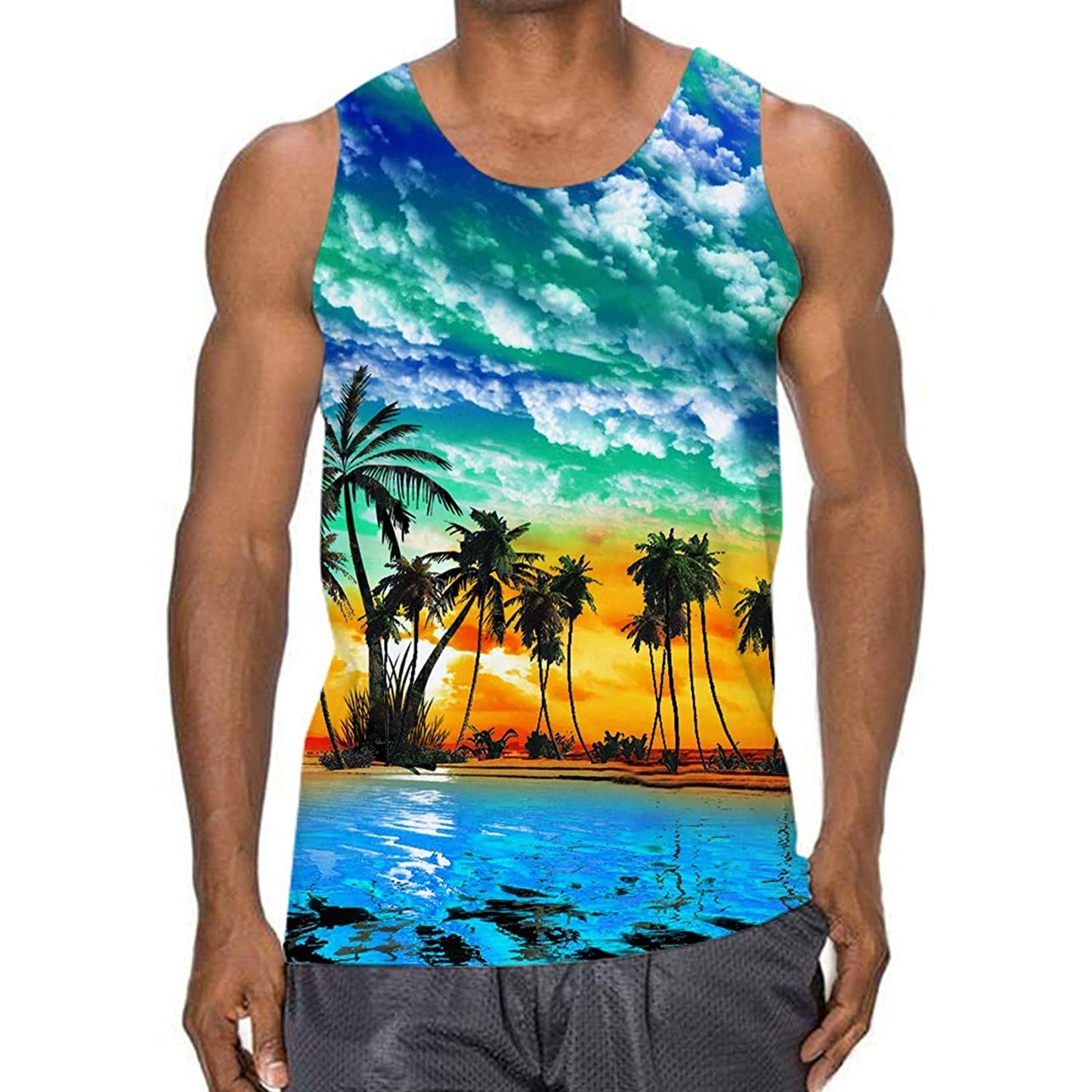 Lustiges Tank Top mit Palmenmotiv bei Sonnenuntergang