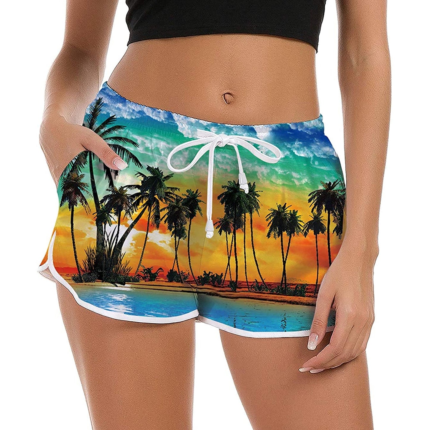 Hawaiiaanse zonsondergang palmboom grappige boardshorts voor dames