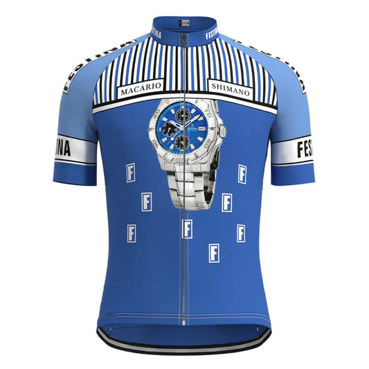 Macario Shimano Blauw Vintage Korte Mouw Fietsshirt Top