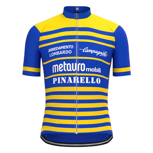 Metquro Mobili Pinarello Blauw Geel Vintage Korte Mouw Fietsshirt Top