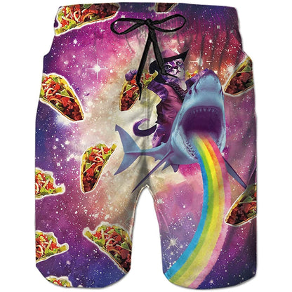 Lustige Badehose mit Aufschrift „Taco Cat Riding Shark Rainbow“