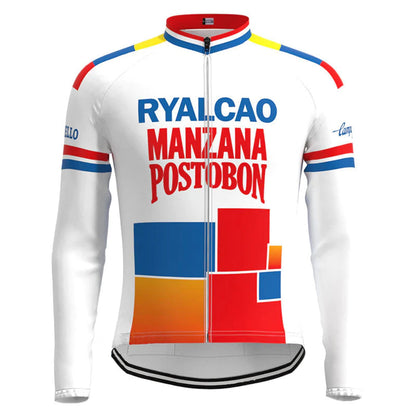 Ryalcao Manzana Postobón Weißes Vintage Langarm-Radtrikot-Oberteil