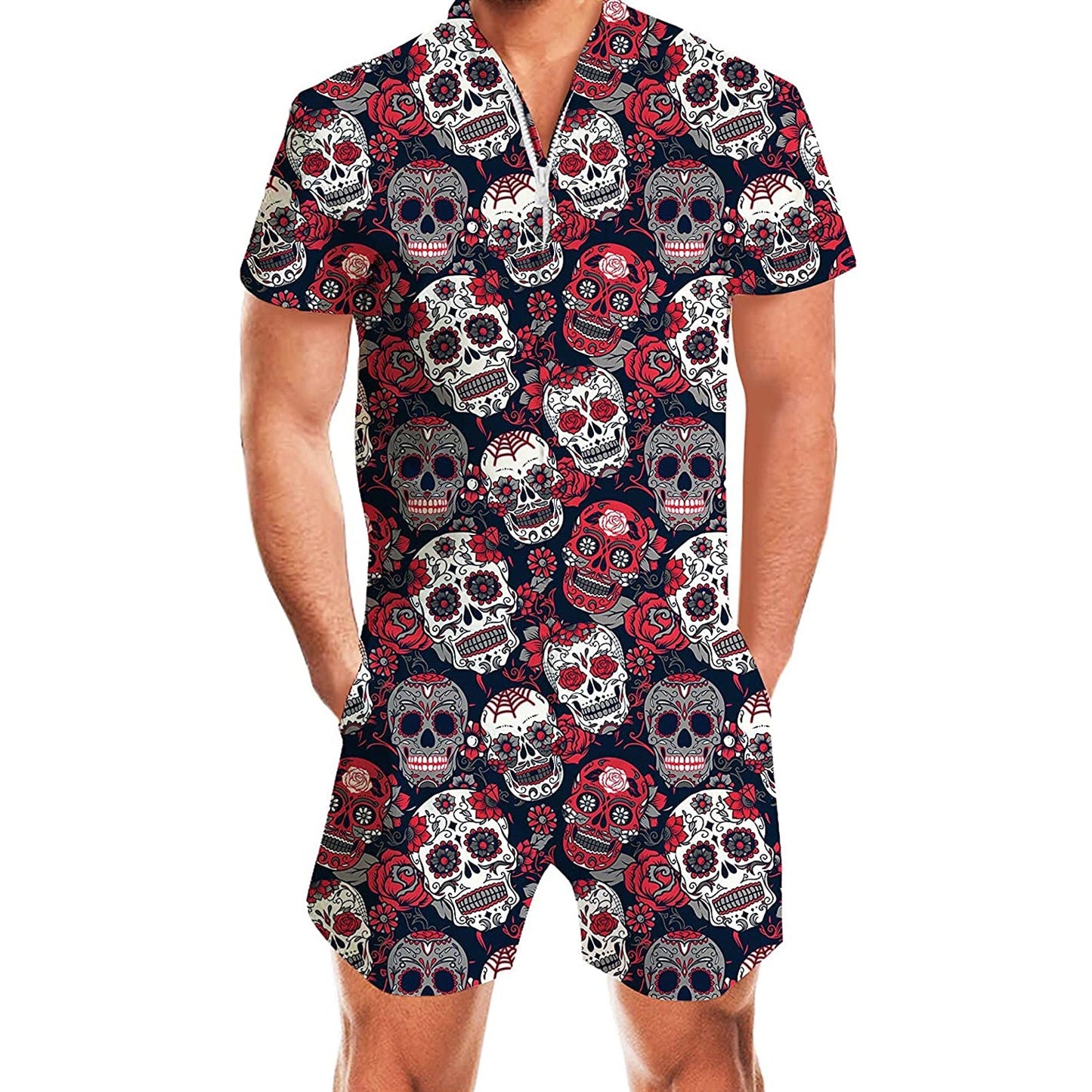 Kleurrijke schedel Halloween romper voor mannen