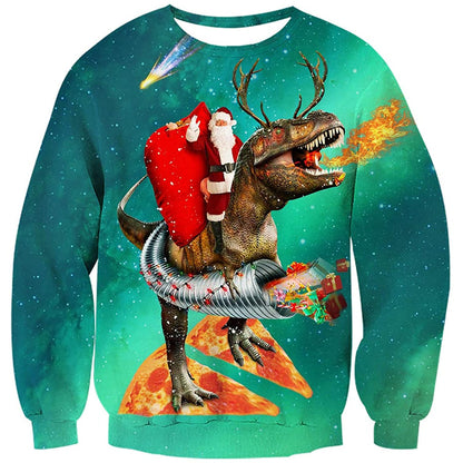 Santa Claus Riding Pizza Dinosaur Ugly Christmas Sweater