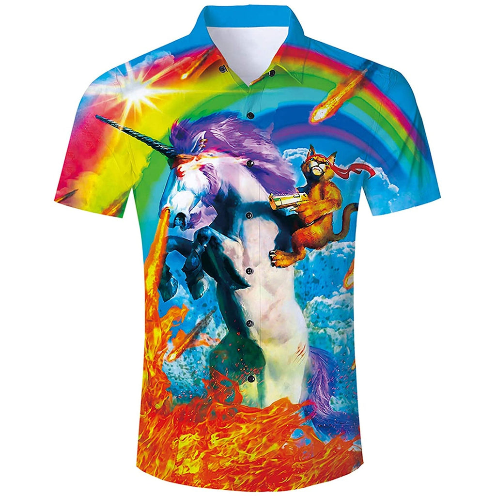 Cat Riding Unicorn Funny Hawaiian Shirt – Forest Coral