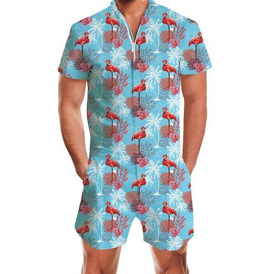 Blauwe Kokosnootboom Flamingo Mannelijke Romper