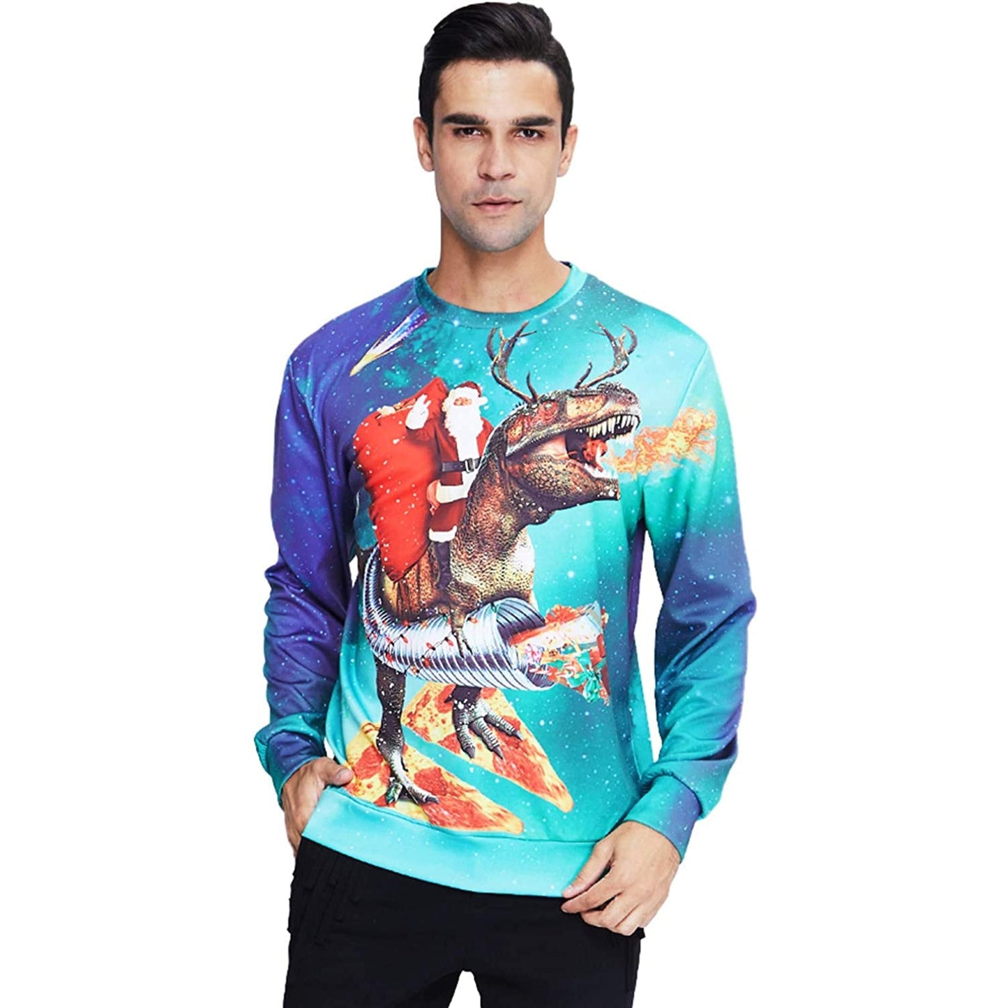 Santa Claus Riding Pizza Dinosaur Ugly Christmas Sweater