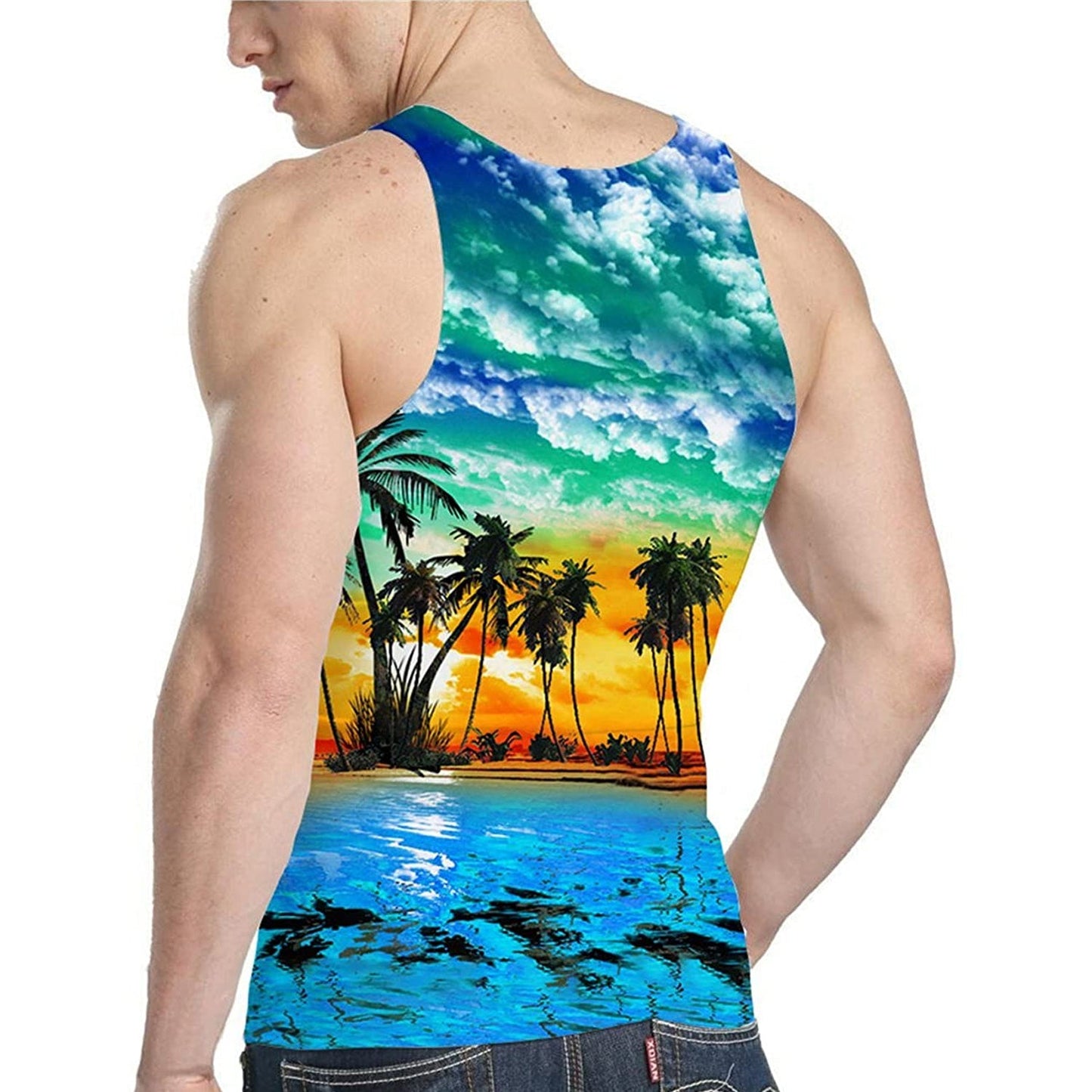 Lustiges Tank Top mit Palmenmotiv bei Sonnenuntergang