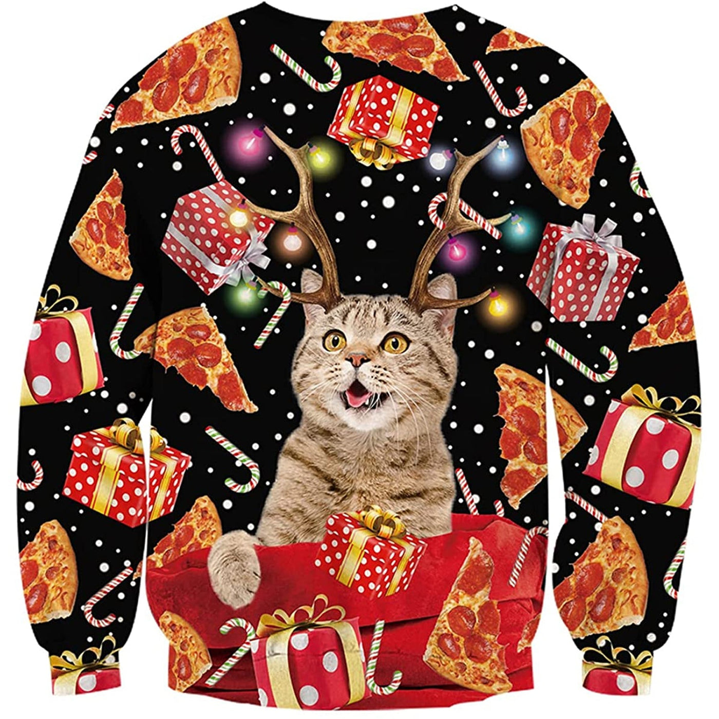 Antlers Cat Pizza Ugly Christmas Sweater Forest Coral