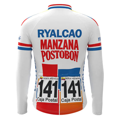 Ryalcao Manzana Postobón Weißes Vintage Langarm-Radtrikot-Oberteil