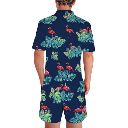 Navy Leaves Flamingos Male Romper