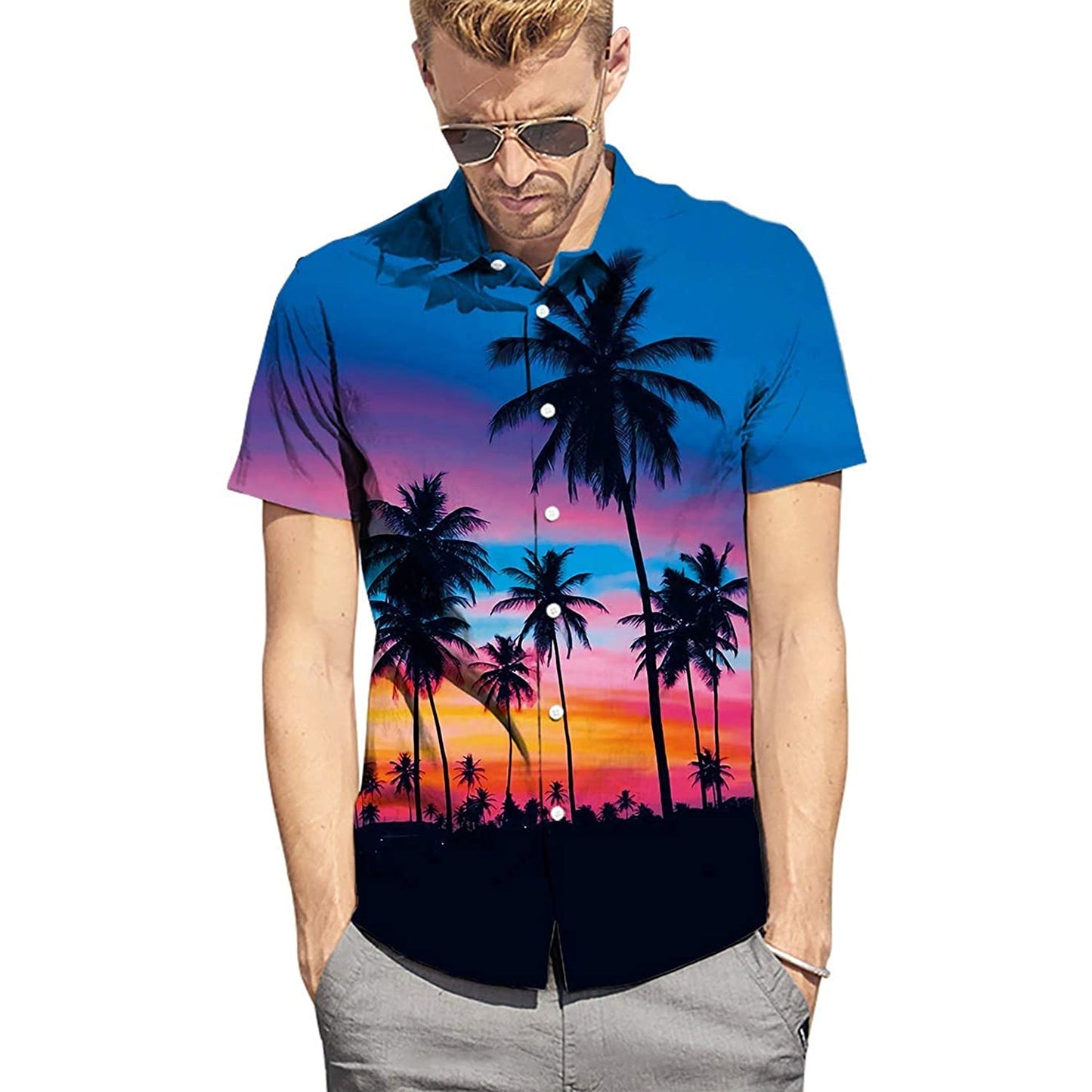 Blauwe zonsondergang palmboom grappig Hawaiiaans shirt