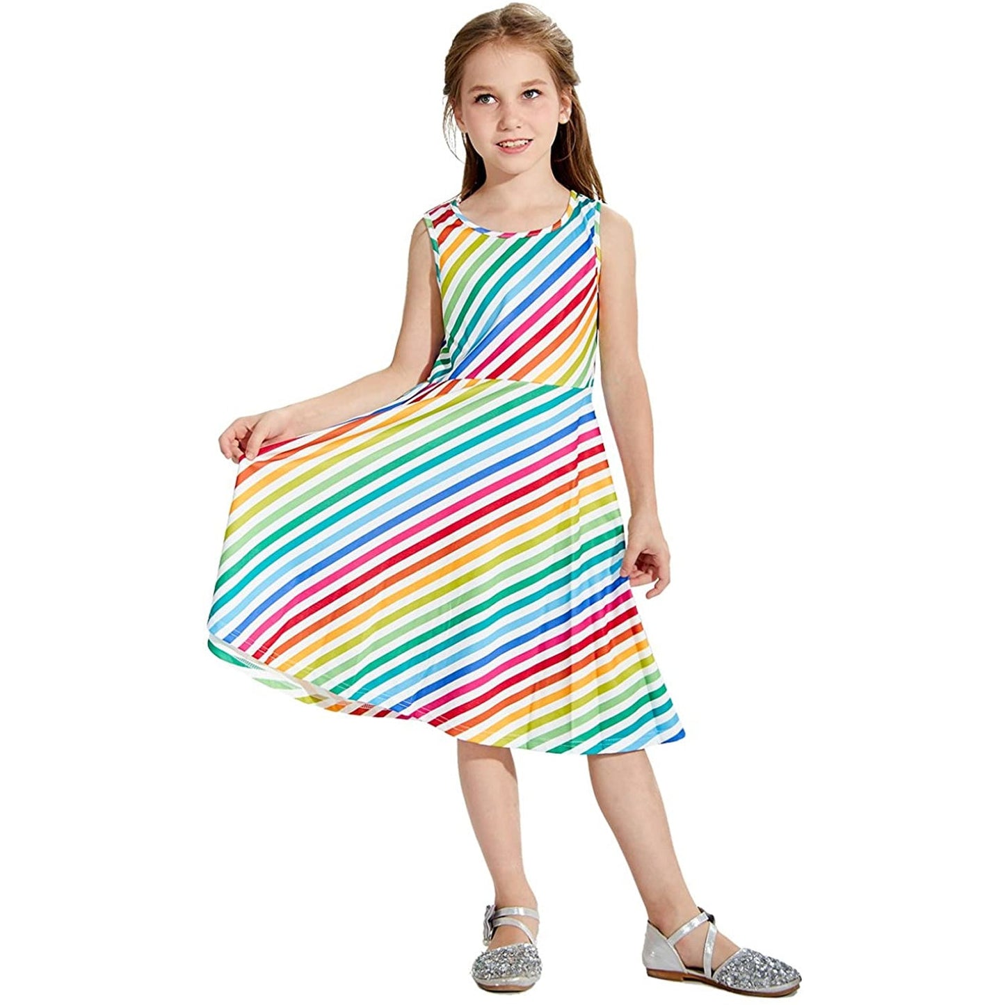 Lustiges Mädchenkleid mit Regenbogenstreifen