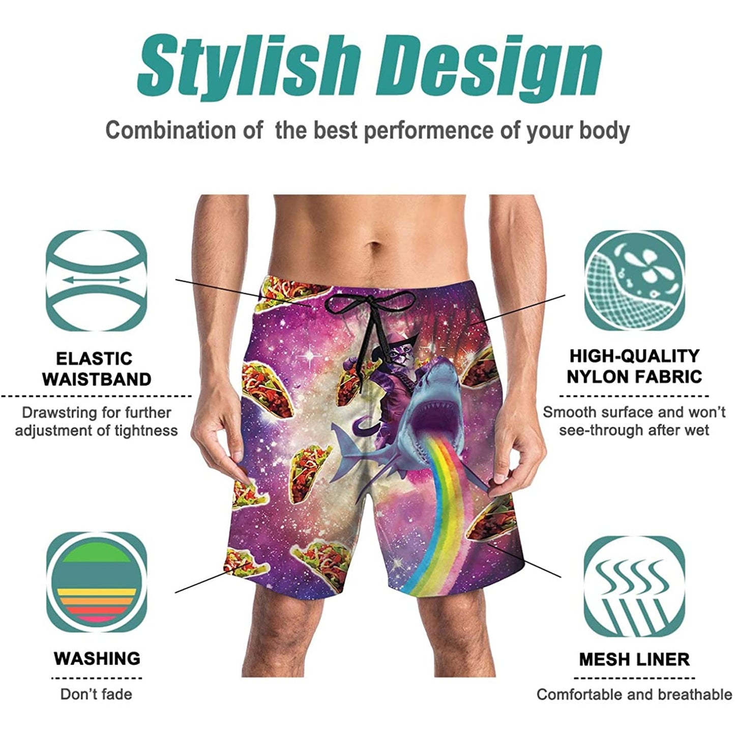 Lustige Badehose mit Aufschrift „Taco Cat Riding Shark Rainbow“