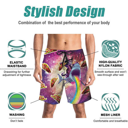 Lustige Badehose mit Aufschrift „Taco Cat Riding Shark Rainbow“