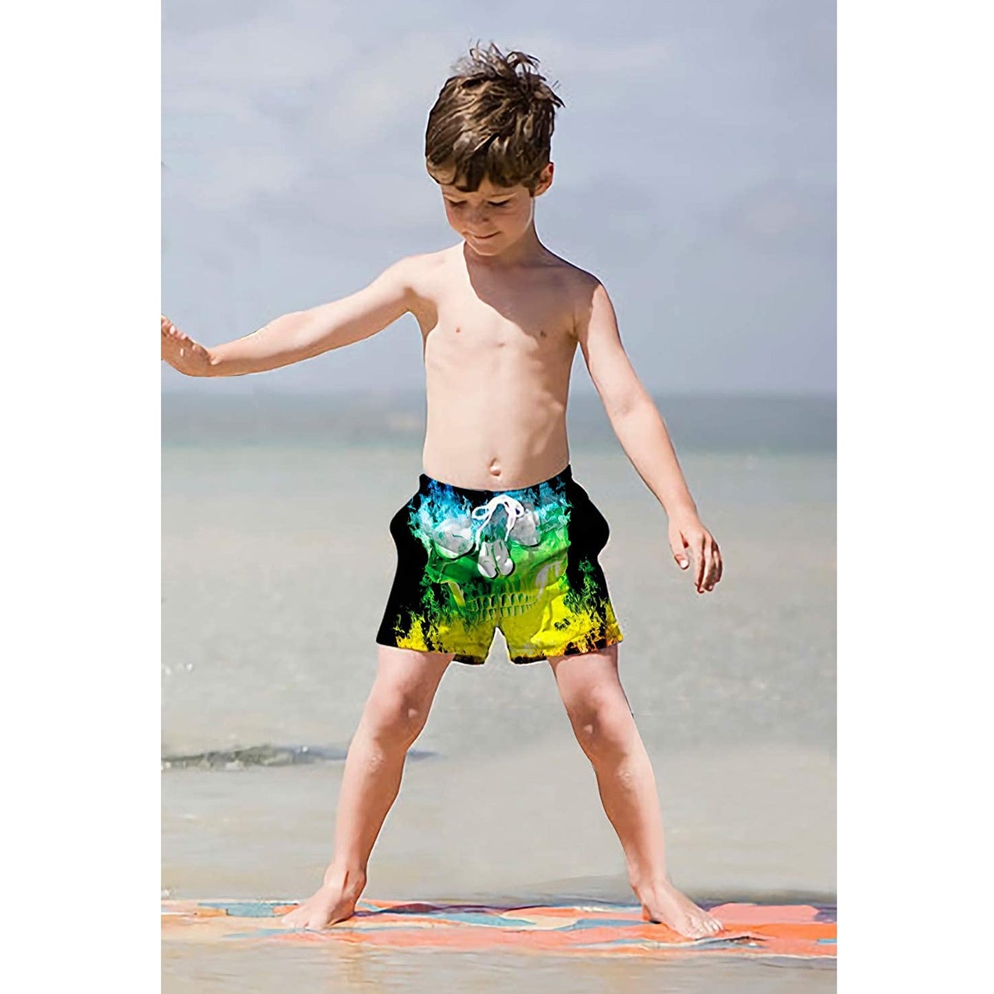 Green Fire Skull Funny Boy Swim Trunk