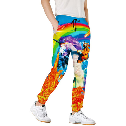 Regenboogkat rijdende eenhoorn grappige joggingbroek