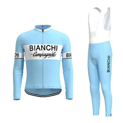 Bianchi Blue Vintage Lange Mouw Fietsshirt Bijpassende Set