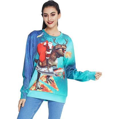 Santa Claus Riding Pizza Dinosaur Ugly Christmas Sweater