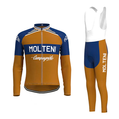 Molteni Blauw Bruin Vintage Lange Mouw Fietsshirt Bijpassende Set